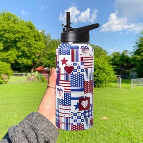 32oz American Flag Flip Stainless Insulated Aater Water Bottle with Straw,4th of July Gym Hiking Sports Coffee Mug Cup Water Bottles,Patriotic Military Gifts For Veterans, Police - Image 5