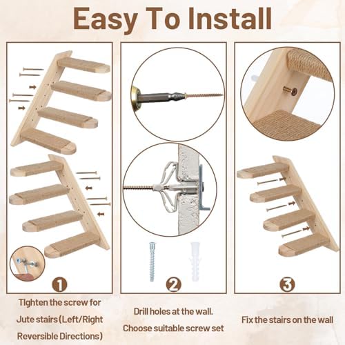 2 Pack 4 Steps Cat Wall Shelves, Wood Wall Mounted Stairs with Sisal Rope, Cat Climber/Ladder Furniture Climbing Shelves for Pet Perch & Play - Image 5
