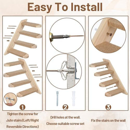 2 Pack 4 Steps Cat Wall Shelves, Wood Wall Mounted Stairs with Sisal Rope, Cat Climber/Ladder Furniture Climbing Shelves for Pet Perch & Play - Image 5