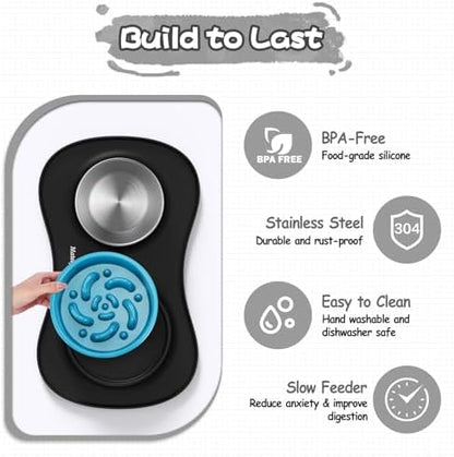 MateeyLife Dog Food and Water Bowl Set 3 in 1, Slow Feeder Dog Bowls & Stainless Steel Water Bowl with Non-Spill Silicone Mat, Cat and Puppy Bowls Pet Dishes for Small Medium Large Breed Anti-Choking - Image 6
