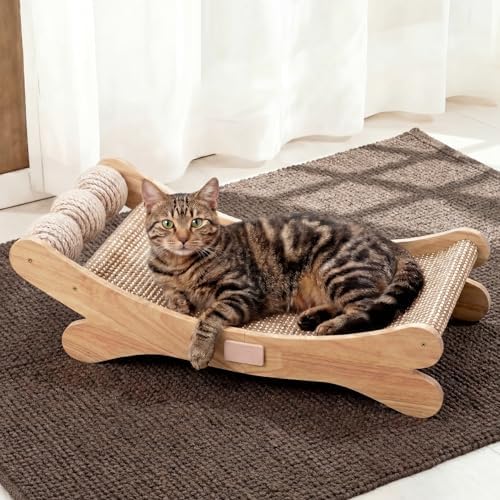 Sisal Cat Scratchers for Indoor Cats - 26.2" Large Cat Scratching Board, Wooden Cat Bed with Scratch Pad, Modern Cat Furniture for Lounging/Sofa Protector by PURROL
