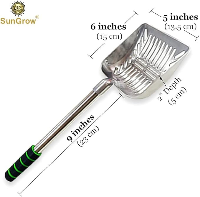 SunGrow Cat Litter Scoop, Stainless Steel Long Handle Chicken Coop Poop Scooper, Comfortable 9” Handle, 5” Wide Mouth, Narrow Slits and High Sides Metal Sifter, for Litter Boxes or Gardening