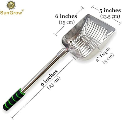 SunGrow Cat Litter Scoop, Stainless Steel Long Handle Chicken Coop Poop Scooper, Comfortable 9” Handle, 5” Wide Mouth, Narrow Slits and High Sides Metal Sifter, for Litter Boxes or Gardening