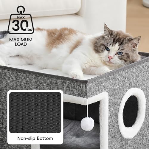 Extra-Wide Cat Houses for Indoor Cats, Large Cat Cave Bed with Fluffy Ball and Scratch Pad, Foldable Covered Kitten Bed for Multiple Cats, 23.6x16x13 inches, Grey - Image 2
