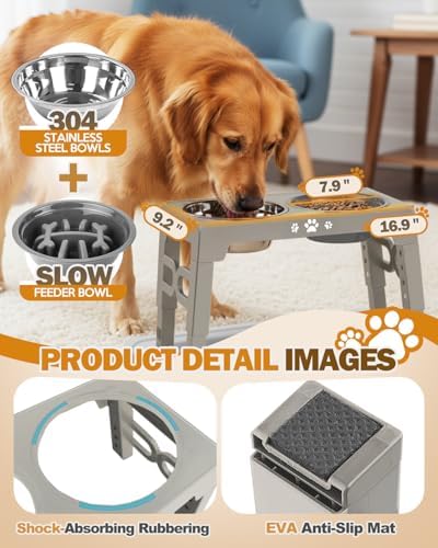 Jovrun Elevated Dog Bowls for Medium Large Dogs with Mat, Non-Slip Dog Feeder with 1*Stainless Steel Dishes & 1*Slow Feeder Bowl, 5 Heights Adjustable Raised Bowls for 3.15″-8.66″-9.84″-11.02″-12.2″ - Image 4