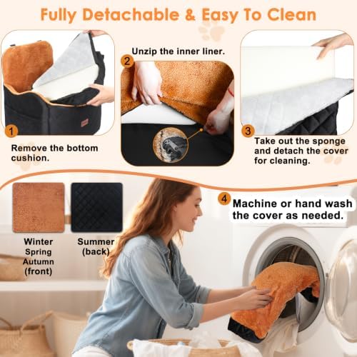 Vivifying Dog Car Seat for Small and Medium Dogs, 4" Booster Pet Car Seat with Safety Strap, Plush Travel Dog Bed for Car with Storage Pocket, Detachable Washable Cover, Fits Dogs up to 35lbs (Black) - Image 4
