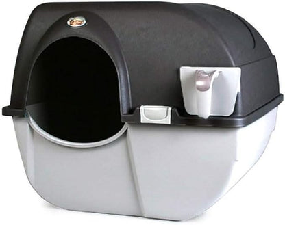Omega Paw Self Cleaning Cat Litter Box, Elite Roll 'N Clean Litter Box, Regular Size for Kittens and Cats 10 lbs and Under, Black Color (EL-RA15-1) with Integrated Litter Step and Chrome Accents