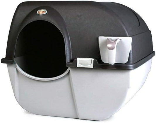 Omega Paw Self Cleaning Cat Litter Box, Elite Roll 'N Clean Litter Box, Regular Size for Kittens and Cats 10 lbs and Under, Black Color (EL-RA15-1) with Integrated Litter Step and Chrome Accents