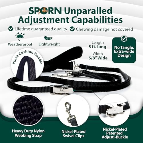 SPORN Double Dog Leash for Two Dogs No Tangle - Heavy Duty Nylon Dual Leash with Tangle Free Swivel, Patented Adjusti-Buckle, & Comfortable Padded Handle Walking with 2 Dogs, Standard - Image 4