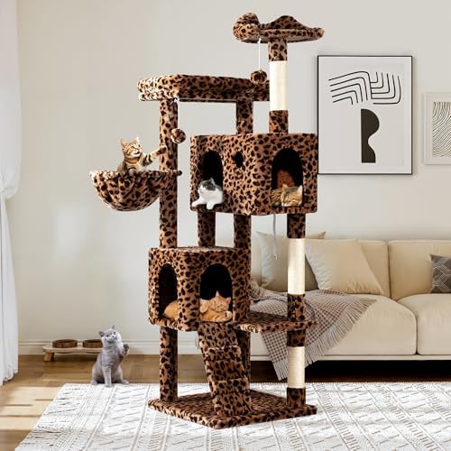 Allewie 64 Inches Cat Tree Tower/Multi-Level Activity Center for Indoor Big Felines/2 Plush Condos/2 Perchs/Basket/House/Sisal Scratching Posts/Hanging Cat Toys/Leopard Print by Allewie