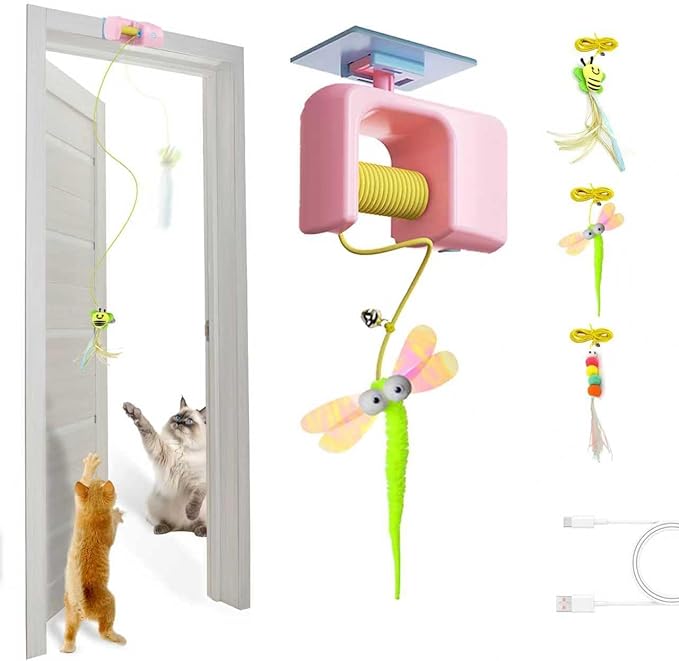 Automatic Hanging Cat Toy for Indoor Cats, Electric Doorway Cat Teaser with Motion Sensor, Quiet Motor & Retractable Rope, Includes 3 Replaceable Feather Attachments, USB Rechargeable, Pink