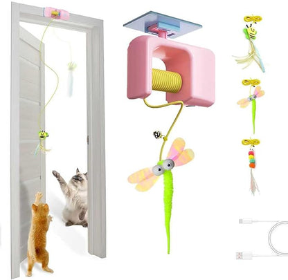 Automatic Hanging Cat Toy for Indoor Cats, Electric Doorway Cat Teaser with Motion Sensor, Quiet Motor & Retractable Rope, Includes 3 Replaceable Feather Attachments, USB Rechargeable, Pink