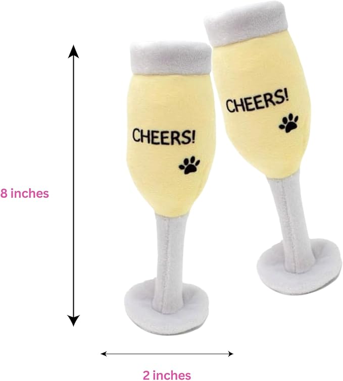 Glow Pups Plush Champagne Dog Toy with Squeaker, Fun Alcohol Parody, Soft Cotton, Machine Washable, Interactive Playtime Dogs - Multicolor (2 Pack of Champagne Glasses)