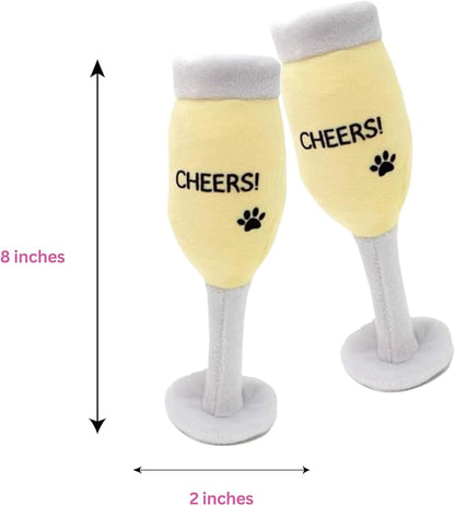 Glow Pups Plush Champagne Dog Toy with Squeaker, Fun Alcohol Parody, Soft Cotton, Machine Washable, Interactive Playtime Dogs - Multicolor (2 Pack of Champagne Glasses)
