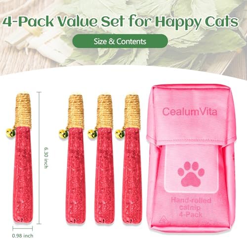 4 Pack Hand-Rolled Catnip Sticks with Chew Rope & Bell -Shaped Cat Toys for Indoor Cats and Kicker Toys, Teething Chew and Play Fun (Pink) - Image 4