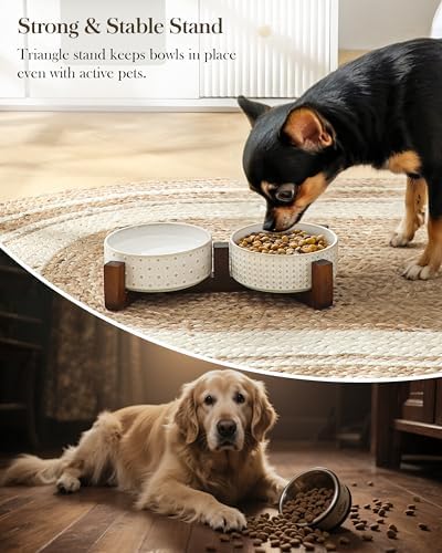 MALACASA Dog Bowl Set, Ceramic Bowls with Walnut Wood Stand, 2 Cups - Image 6