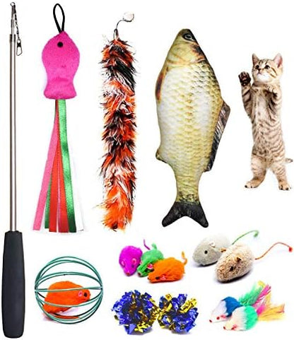 Cat Toys Set, Cat Retractable Teaser Wand, Catnip Fish, Interactive Cat Feather Toy, Mylar Crincle Balls, Two Cotton Mice, Four Fluffy Mouse by 2FY2SW