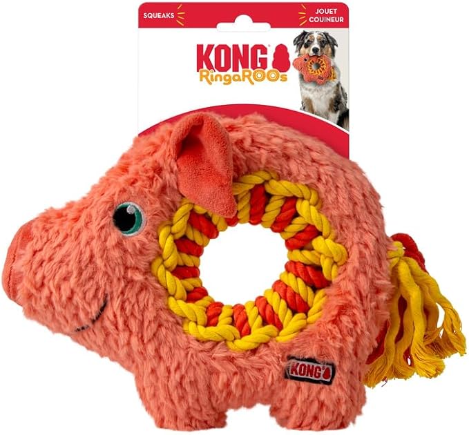 KONG Ringaroos - Interactive Rope Ring Dog Toy with Plush Squeaker - for Fetch, Tug & Cuddle - for Medium Sized Dogs (Orange Pig)