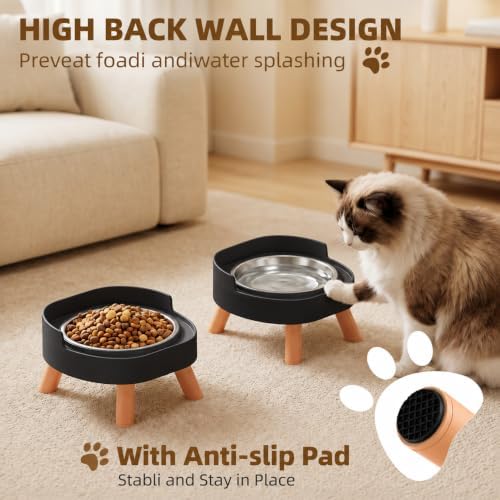 Elevated Cat Bowls, 2P Raised Cat Food and Water Bowl Set for Indoor Cats, Splash Proof with 2 Stainless Steel Food Bowls for Cats ＆ Puppies, Whisker Friendly and Dishwasher Safe - Black - Image 6