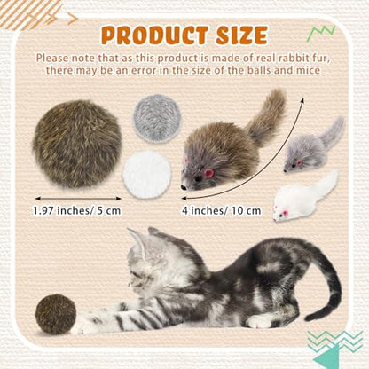 Lewtemi 24 Pcs Real Rabbit Fur Mouse Toys for Cats 12 Fluffy Rattle Mouse and 12 Fuzzy Cat Balls Realistic Fake Mice Without Catnip Interactive Kitty Toy for Pets Kitten Play - Image 4