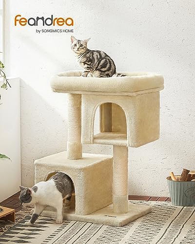Feandrea Cat Tree, 33.1-Inch Cute Cat Tower, Plush Kitten Condo, Beige - Image 2