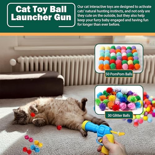 82Pcs Cat Toys Gun Launcher,Cat Toy Ball Launcher Gun，Cat Toy Launchers，Low Noise Interactive Cat Ball Launcher Gun，30 Pcs Sparkle Pom Pom Balls for 50Pcs Pom Pom Balls - Image 5