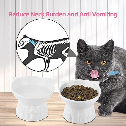 Elevated Cat Bowls 2-Pack, Ceramic Raised Cat Food & Water Dishes - Extra Wide & Shallow Whisker-Friendly Design, Anti-Vomit & Easy Digestion, Lead/Cadmium-Free, Microwave & Dishwasher Safe (White) - Image 3