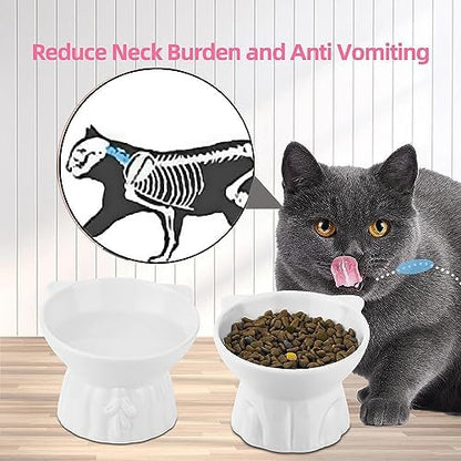 Elevated Cat Bowls 2-Pack, Ceramic Raised Cat Food & Water Dishes - Extra Wide & Shallow Whisker-Friendly Design, Anti-Vomit & Easy Digestion, Lead/Cadmium-Free, Microwave & Dishwasher Safe (White) - Image 3
