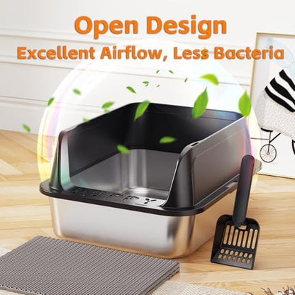 Premium Stainless Steel Cat Litter Box with Scoop – Large High-Sided Open Top Litter Pan, Rust-Resistant & Metal Kitty Litter Tray, Non-Stick Easy Clean Surface with Non-Slip Pads - Image 6