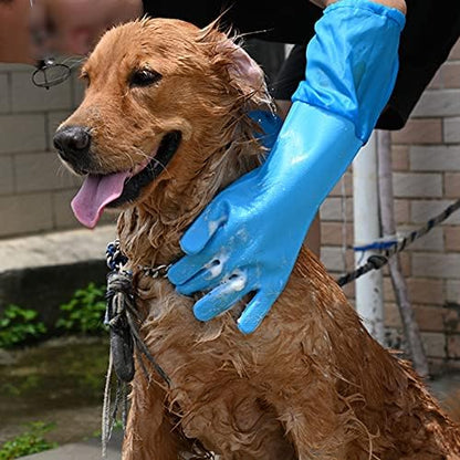 WAYUTO Long Sleeve Silicone Grooming Gloves - Cat & Dog Massaging, Hair Removal, Bathing, Shampoo Gloves for Kitchen, Bathroom and Pet Shop Use - Blue - Image 6