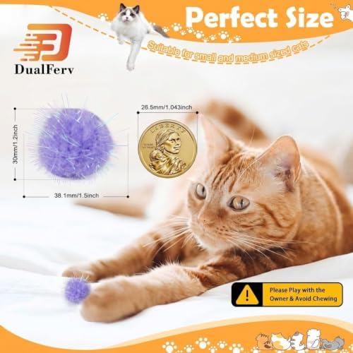 DF DUALFERV 60 Pcs Cat Pom Pom Balls, Interactive Cat Toys, Sparkle Balls for Cats, Extra Large and Fuzzy for Exercise and Entertainment, Multicolor, 1.5 Inch - Image 2