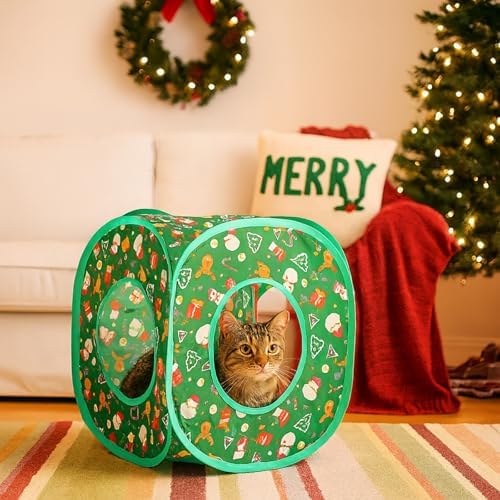 Christmas Cat Tunnel Cube Playhouse – Foldable Holiday Cat Cube with Peek Hole and Tunnel Fun for Indoor Cats - Image 2