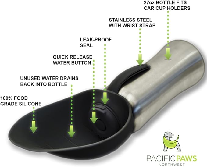 Portable Dog Water Dispenser | Stainless Steel Travel Bottle | Silicone Leaf Shaped Bowl | 27oz Black