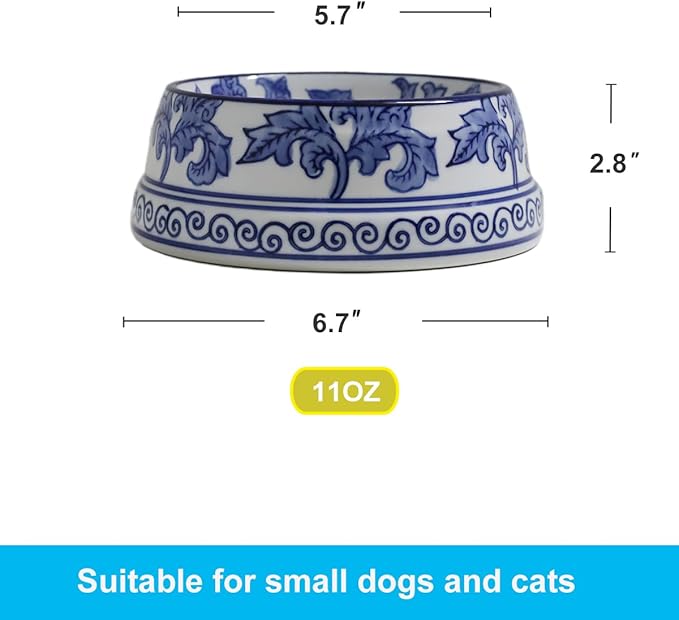 Aimusego Hand-Painted Ceramic Dog Bowl, Pet Bowl, Pretty Blue & White Pet Food Dish, Chinoiserie Floral Water Bowl for Dogs and Cats 11OZ