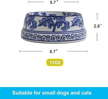 Aimusego Hand-Painted Ceramic Dog Bowl, Pet Bowl, Pretty Blue & White Pet Food Dish, Chinoiserie Floral Water Bowl for Dogs and Cats 11OZ