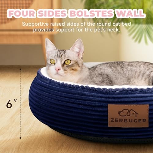Zerbuger 20in Washable Cat Beds for Indoor Cats - Round Donut Pet Bed for Cats, Small Dogs, Puppy, Kitten - Anti-Slip Bottom, Calming Bed Gift - Navy Blue - Image 4