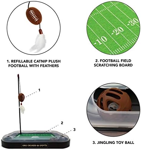 CAT BELL BALL NFL New Orleans Saints Football Field CAT Scratcher Toy with Catnip Filled Plush Football Toy & Feather Cat Toy Hanging, with Jingle Bell Interactive Ball Cat Chasing 5-in-1 Kitty Toy - Image 5