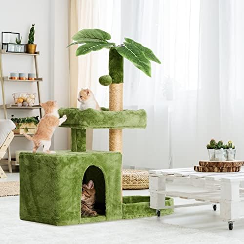 31.5inch Small Cat Tree Tower Condo for Indoor Cats, Soft Plush Multi-Level Climbing Tree Cat House with Cat Cave, Scratching Post, Sisal Rope, Green - Image 7