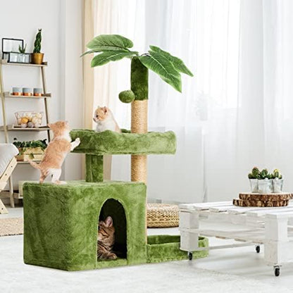 31.5inch Small Cat Tree Tower Condo for Indoor Cats, Soft Plush Multi-Level Climbing Tree Cat House with Cat Cave, Scratching Post, Sisal Rope, Green - Image 7