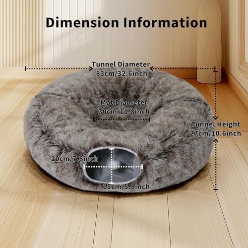 Cat Tunnel Bed for Indoor Cats with Washable Cushion Cat Cave Donut Tunnel with Fluffy Ball Big Round Tube Pet Playground Toys Soft Plush Peekaboo for Kitten, Cat, Puppy, Rabbit, Ferret（Brown） - Image 5