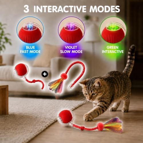 Durable Interactive Cat Toys for Indoor Cats, Smart Automatic Cat Chase Ball Toy, Upgraded Speedy Tail Kitten Toy for Bored Indoor Adult Pets (red, 01) - Image 4