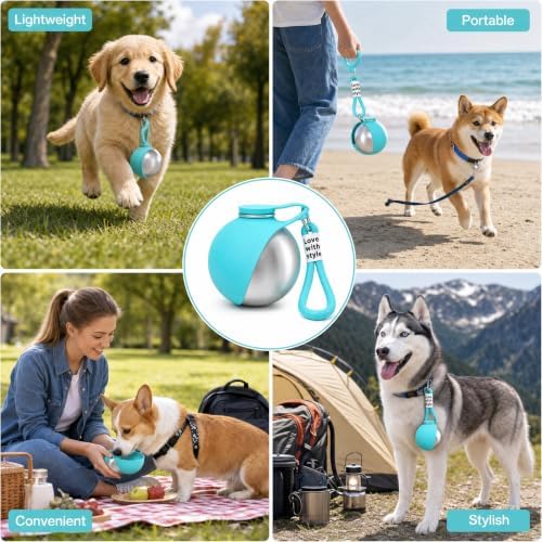 2 in 1 Portable Dog Water Bottle, 2026 New 10oz Spherical Stainless Steel Pet Bottle with Silicone Foldable Bowl,No-Spill Leak-Proof Design,Dog Water Bottle for Walking,Hiking & Travel & Camping-Blue - Image 4