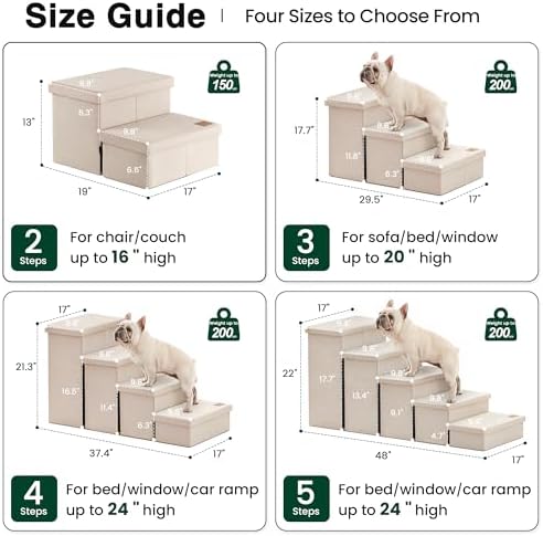 Love's cabin Dog Stairs for High Bed, Foldable Pet Stairs for Small Medium or Large Dogs Puppy with Storage for Bed or Couch, Cat Dog Steps Ramp with Zip up to 200 lbs, Beige, 2 Steps - Image 2