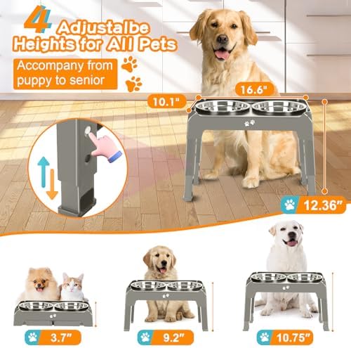 Elevated Bowls, 4 Height Adjustable Raised Stand With 2 Thick 50oz Stainless Steel Food Bowls, Non-Slip Feeder for Dogs, Adjusts to 3.7", 9.2", 10.75", 12.36" Light Brownish Gray - Image 2