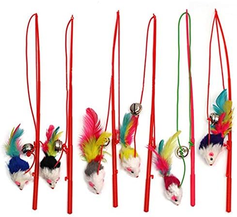 Bluelanss Cat Feather Toy, Interactive Cat Toy, Mouse Feather Pet Teaser, Retractable Cat Teaser Wand with Bell for Indoor Cats Kitten Play, Exercise, Activity & Fun Random Color (1pcs)