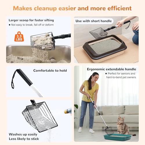 PETOCAT Metal Cat Litter Scoop with Holder, 43" Extendable Long Handle Cat Scooper for Litter Box, Solid & Durable, Deep Shovel for Fast Sifting, Large Pet Pooper Scooper for Kitty/Outside Dog Poop - Image 4