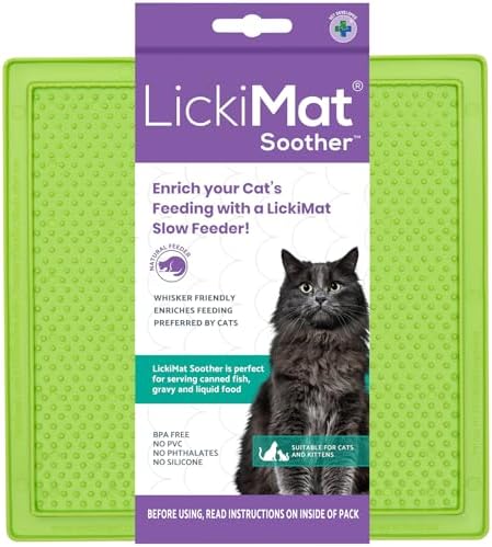 LickiMat Classic Soother, Cat Slow Feeder Lick Mat, Boredom Anxiety Reducer; Perfect for Food, Treats, Yogurt, or Peanut Butter. Fun Alternative to a Slow Feed Cat Bowl or Dish, Green by LICKIMAT