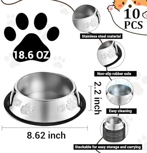 10 Pcs Stainless Steel Dog Bowl Pet Feeding Bowl with Rubber Base Non-Slip Pet Dishes Metal Dog Bowls Pet Food and Water Bowls for Small Medium Animals Kitten Rabbit (18.6 oz) - Image 2