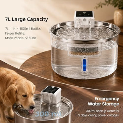 7L Cordless Dog Water Fountain, Wireless Battery Powered Stainless Steel Pet Fountain for LargeDogs & Multi-Pet Homes, 5000mAh 30-Day Battery, Ultra Quiet <30dB, 3 Modes, 4 Filters Included - Image 3