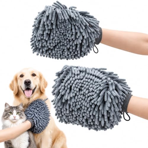 Dogs Grooming Glove, Chenille Microfiber Pet Dirty Dog Dry Bath Gloves, Suitable for All Dog Breeds, For Wiping Wet Paws and Bodies (Machine Washable 2 Pack) by DOGLEMI